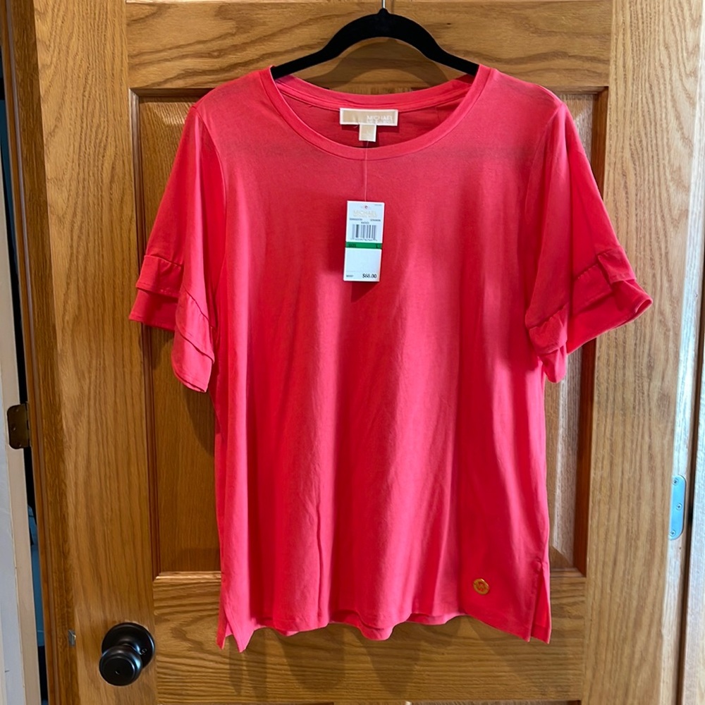 Michael Kors short tiered sleeve women’s large shirt geranium colored NWT